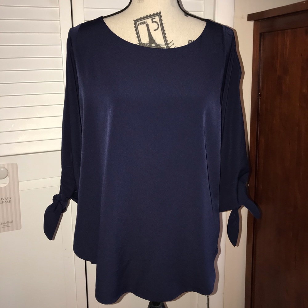 Pleione Navy Polyester Blouse with Slit Sleeves
